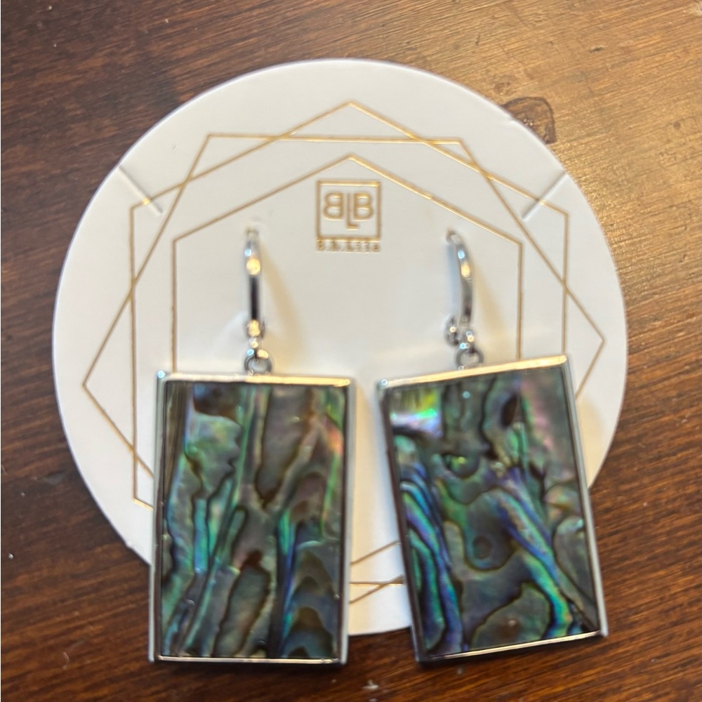 Iridescent Abalone Rectangle Drop Earrings with Huggie Clasp. NEW! - Picture 3 of 5